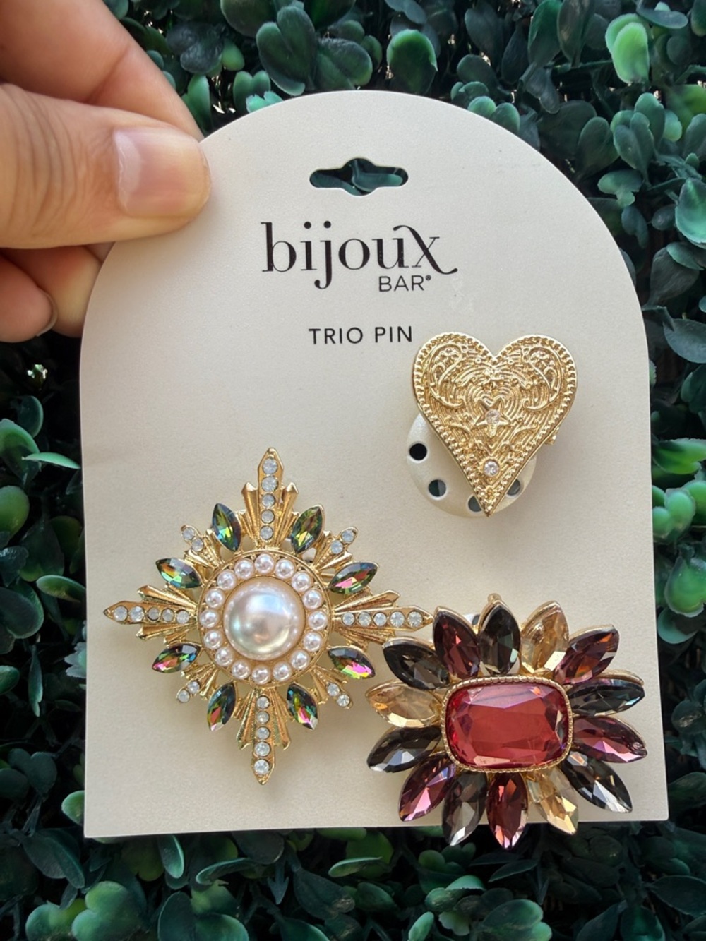 Bijoux Bar Gold Trio Brooch Set with Pearl and Red Crystal Accents